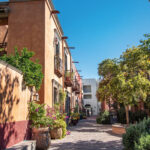 Charming street view of Tucson’s Mercado District, highlighting colorful houses and local architecture.