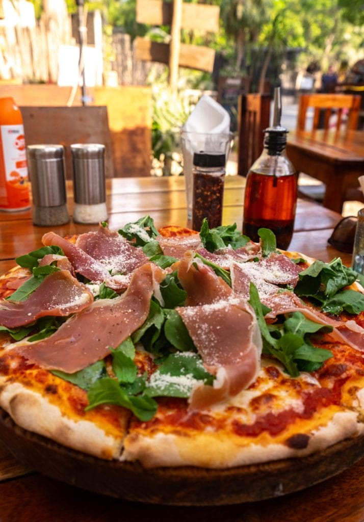 Pizza with ruccola and serrano ham at La Onda, Tulum