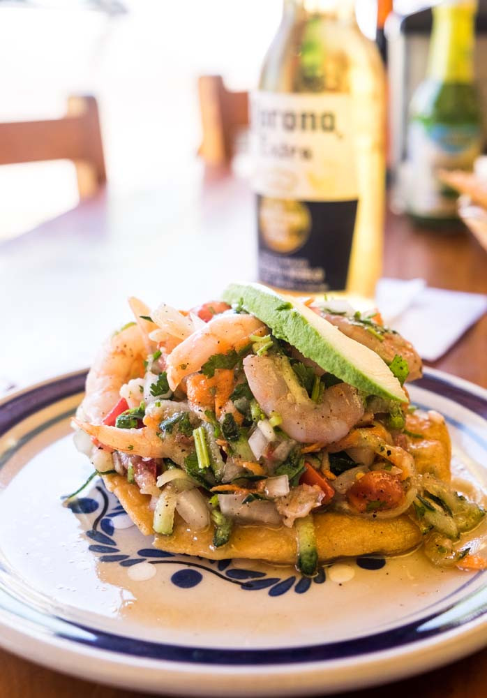 Shrimp ceviche tostada at El Capitan, Tulum