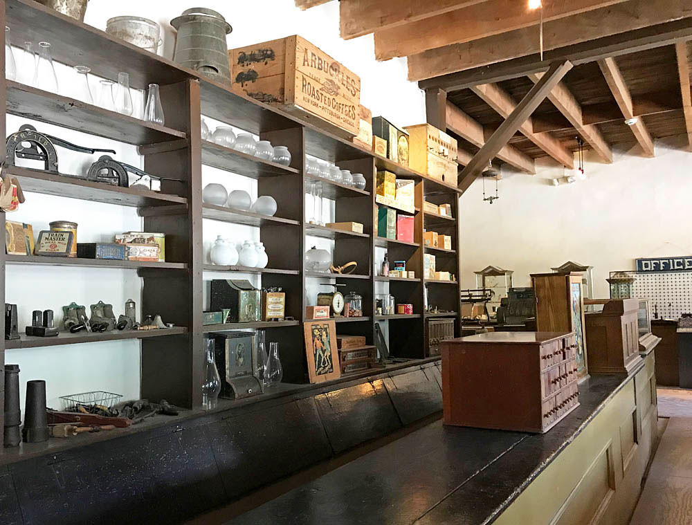 Historical merchandise displays at the Tunstall Store Museum in Lincoln, New Mexico