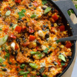 Birds eye of vegetarian Mexican taco skillet.