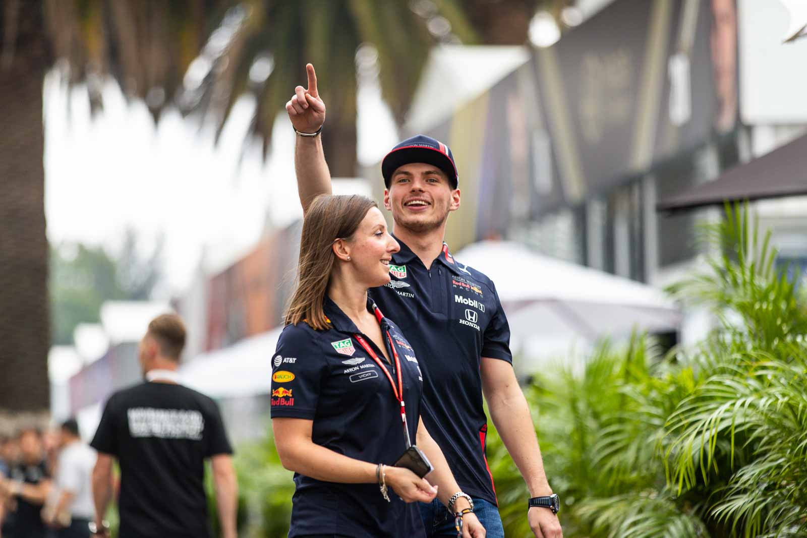 Max Verstappen points while walking through the paddock at the Mexican Grand Prix in Mexico City