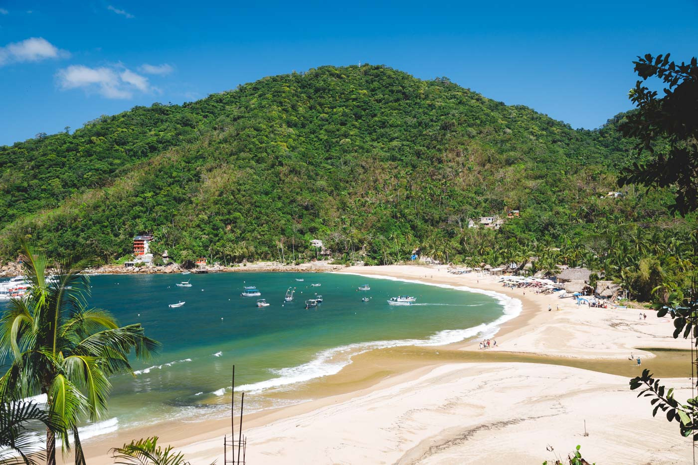 A panoramic view of Yelapa Beach showcasing the blue ocean, sandy shore, and verdant hillside as boats arrive and depart.