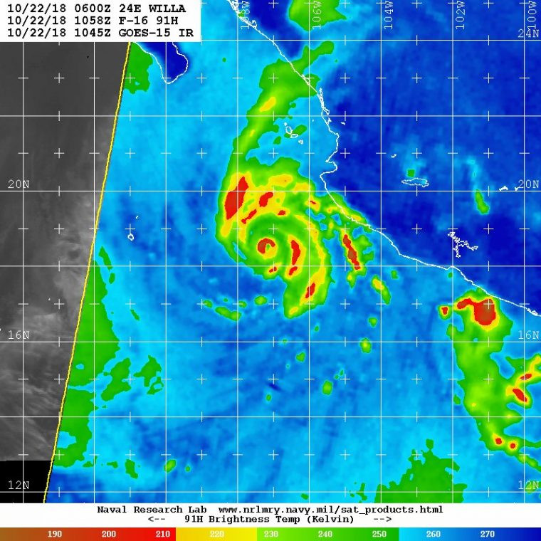 Microwave imagery of Hurricane Willa, showing a small compact eye, along with the beginnings of a secondary eyewall.