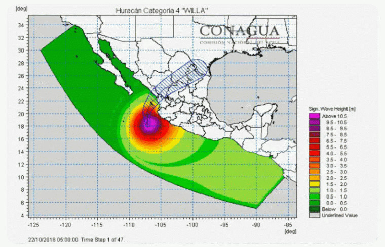 Significant wave height forecast for Hurricane Willa approaching Mexico.