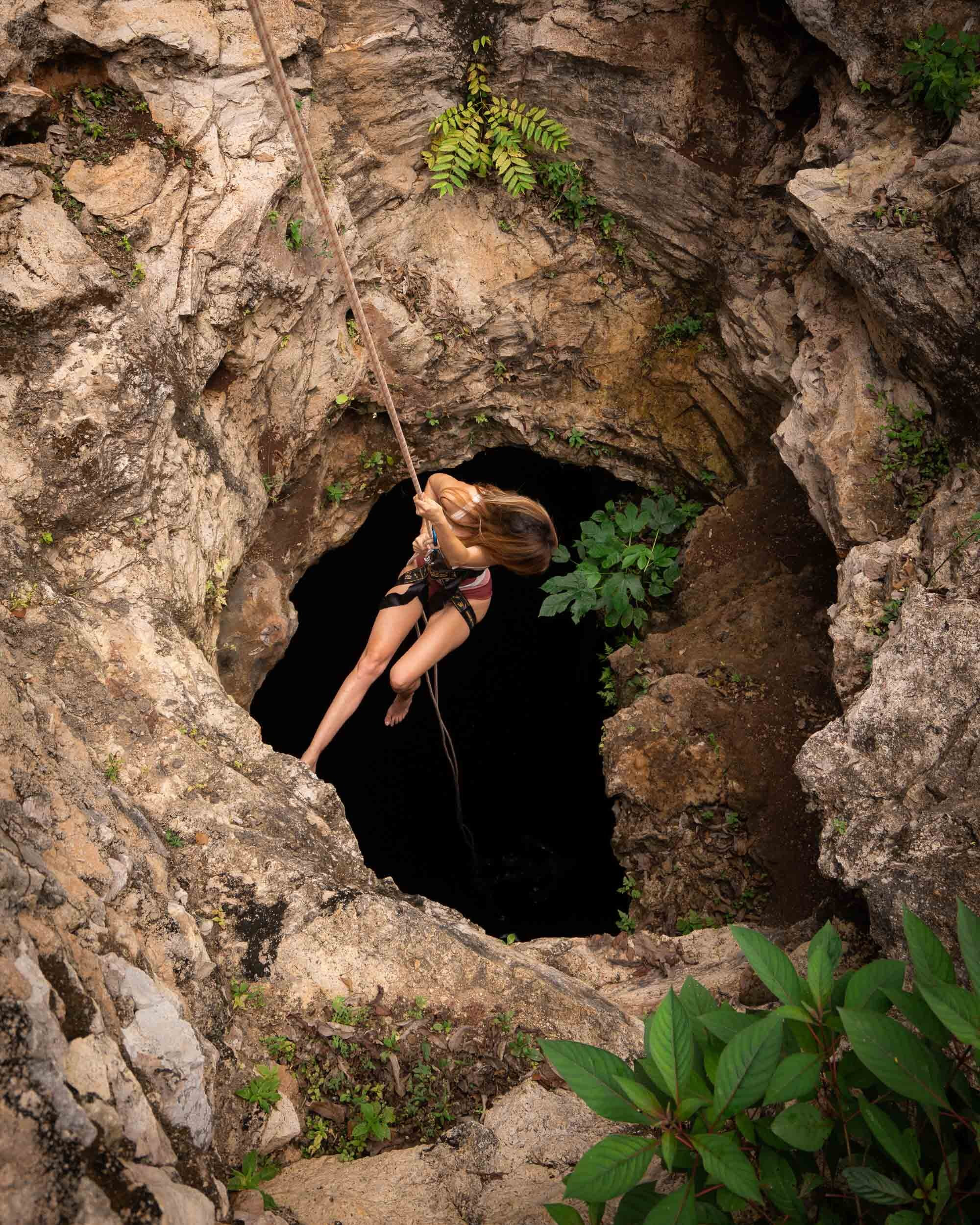 Easy access to Cenote Palomitas is also provided via a well-maintained staircase for those who prefer not to rappel.