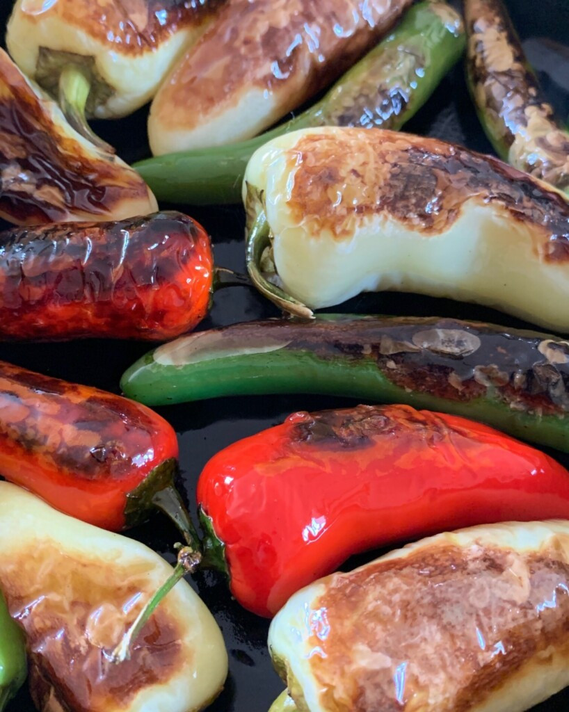 Grilled chiles toreados at a taqueria.