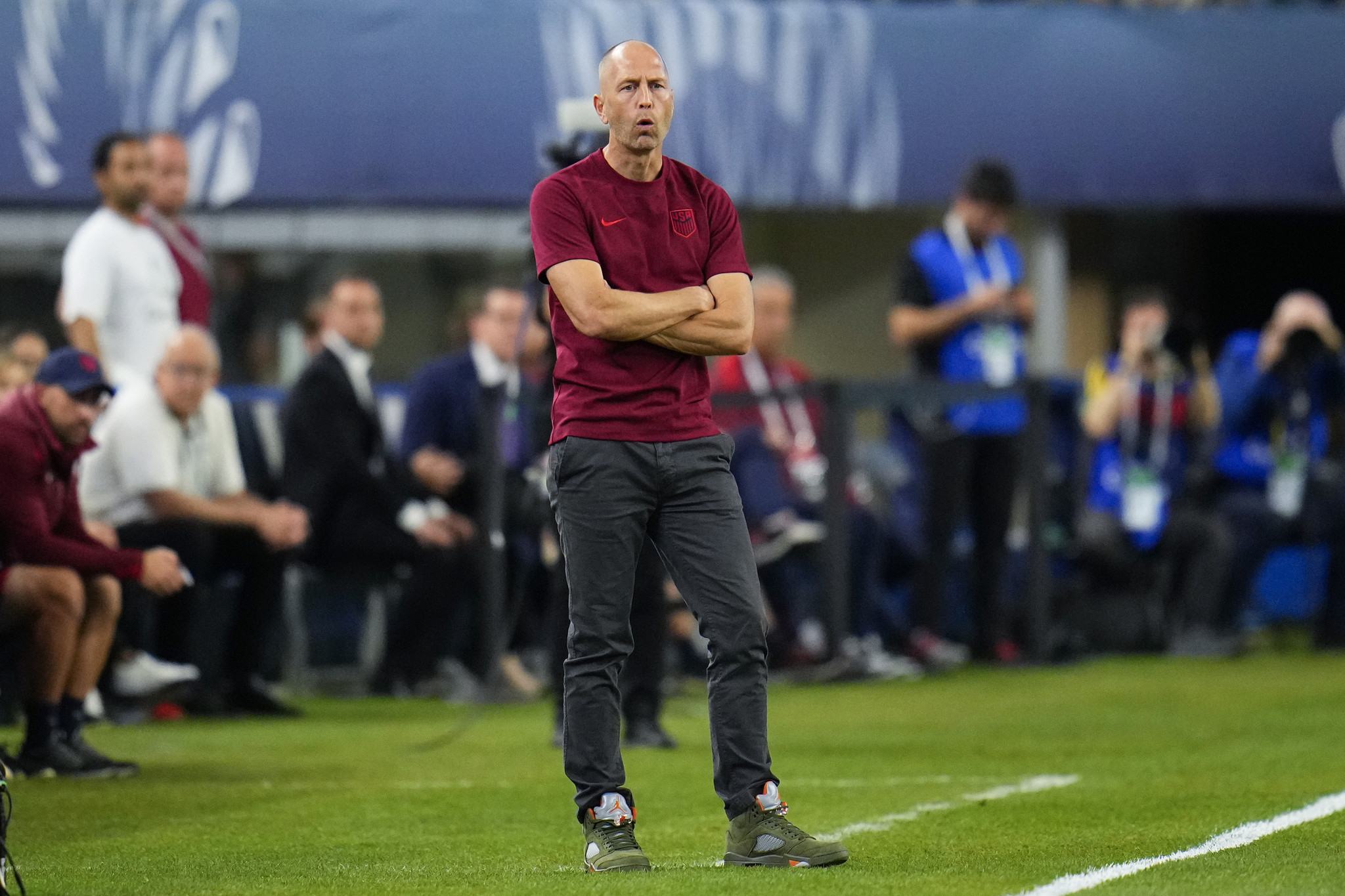 United States head coach lt;HIT gt;Gregg lt;/HIT gt; lt;HIT gt;Berhalter lt;/HIT gt; looks on during the first half of a CONCACAF Nations League semifinals soccer match against Jamaica, Thursday, March 21, 2024, in Arlington, Texas. (AP Photo/Julio Cortez)