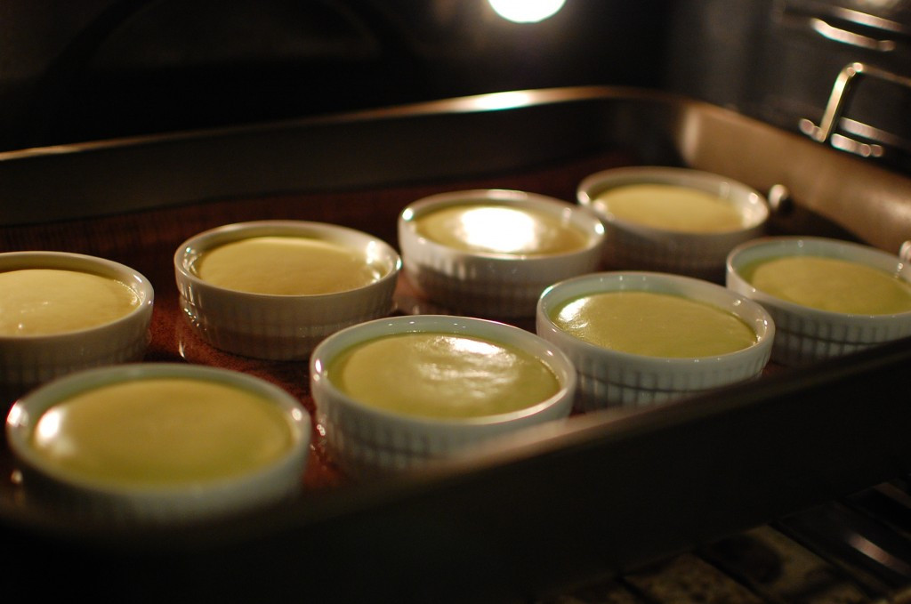 Flan baking in the oven.