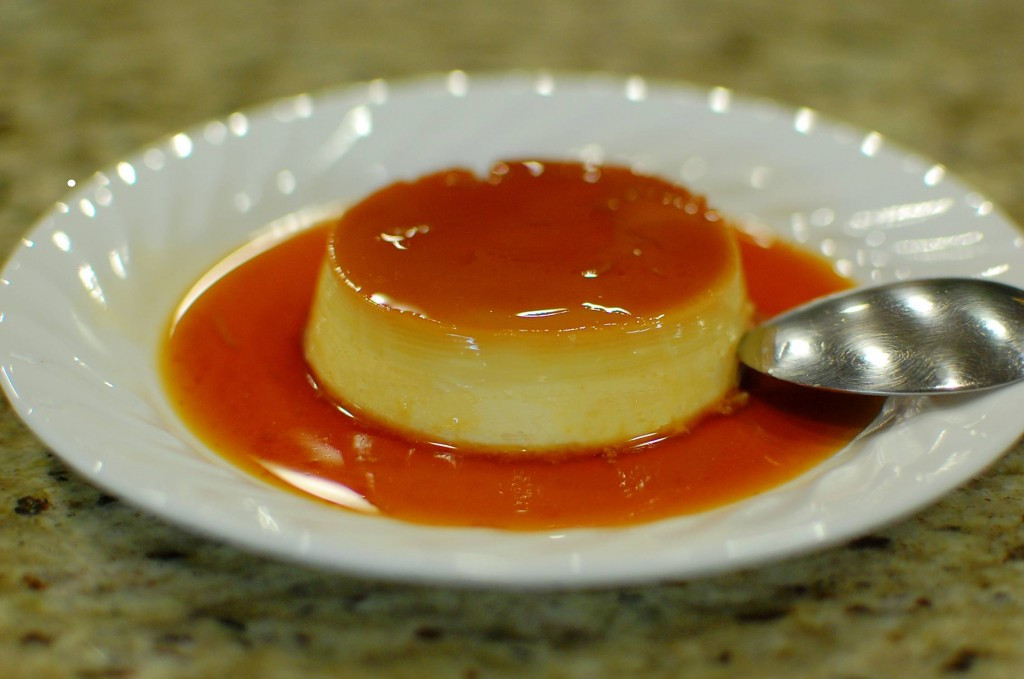 Finished flan inverted onto a plate.