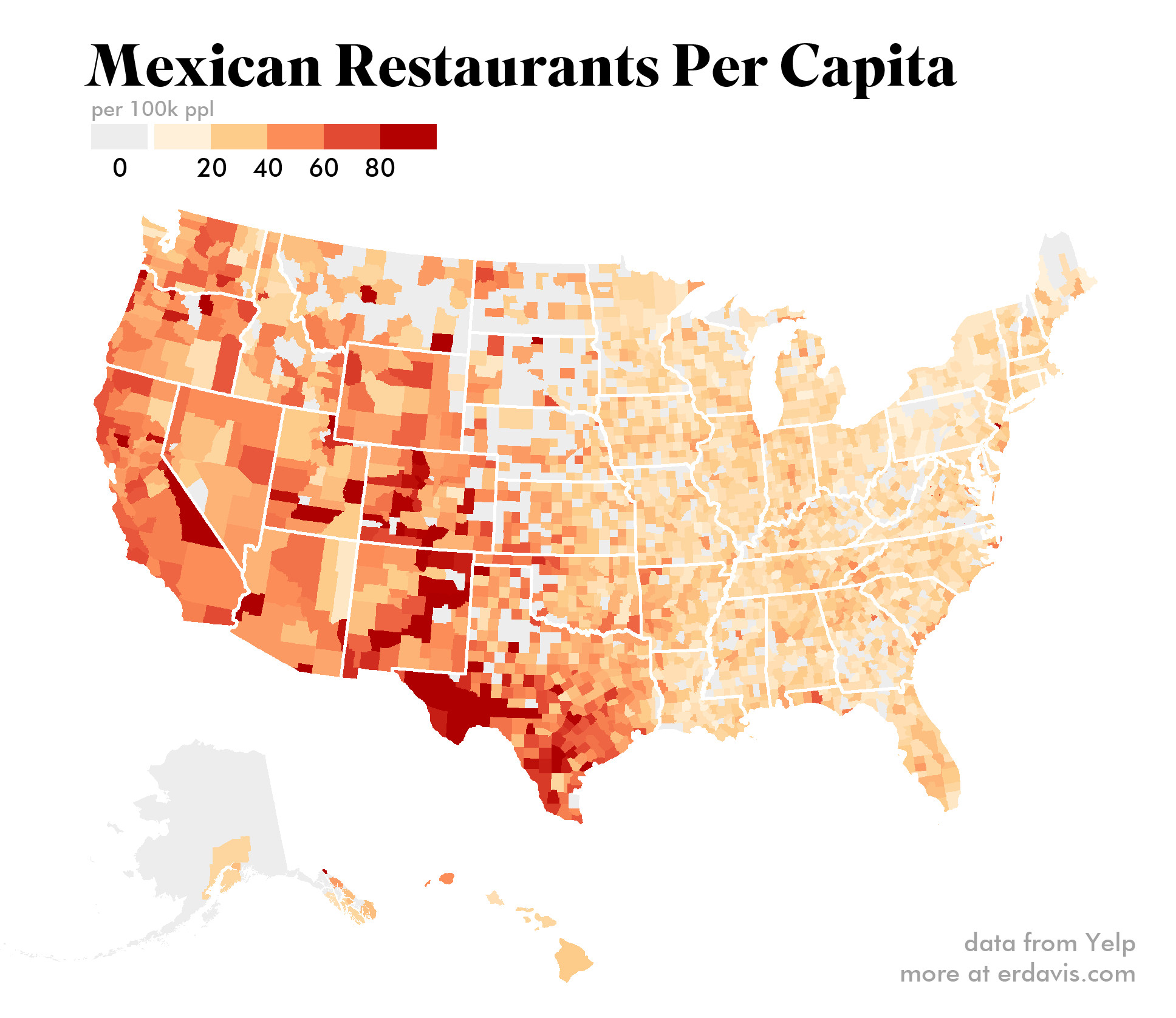 alt text: US Map showing concentration of Mexican restaurants per capita