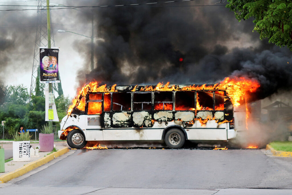 Burning bus in Culiacan, Sinaloa, Mexico after the detention of Ovidio Guzman