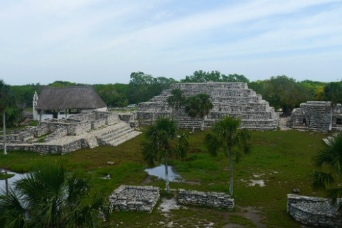 Aerial view of the Mayan ruins of Xcambo including El Templo de la Cruz, La Plataforma, and El Templo de la Virgen