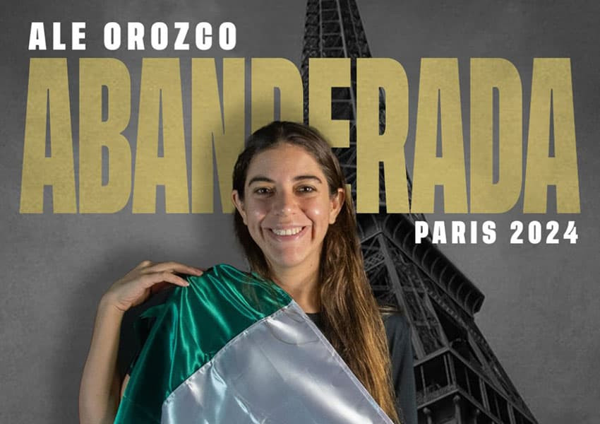 Mexican diver Alejandra Orozco draped in the Mexican flag behind life-sized image of the Eiffel Tower