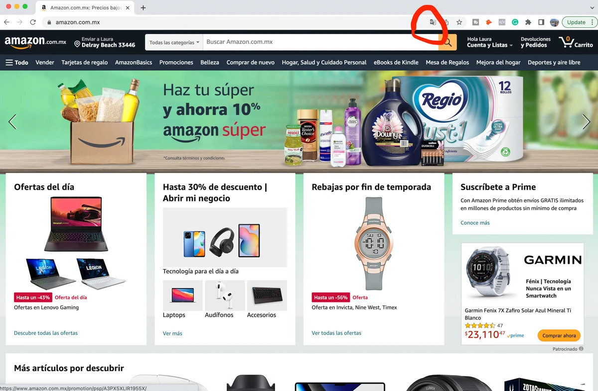 Translating Amazon Mexico into English using Google Chrome. The image shows the Google Chrome browser with the translate option highlighted.