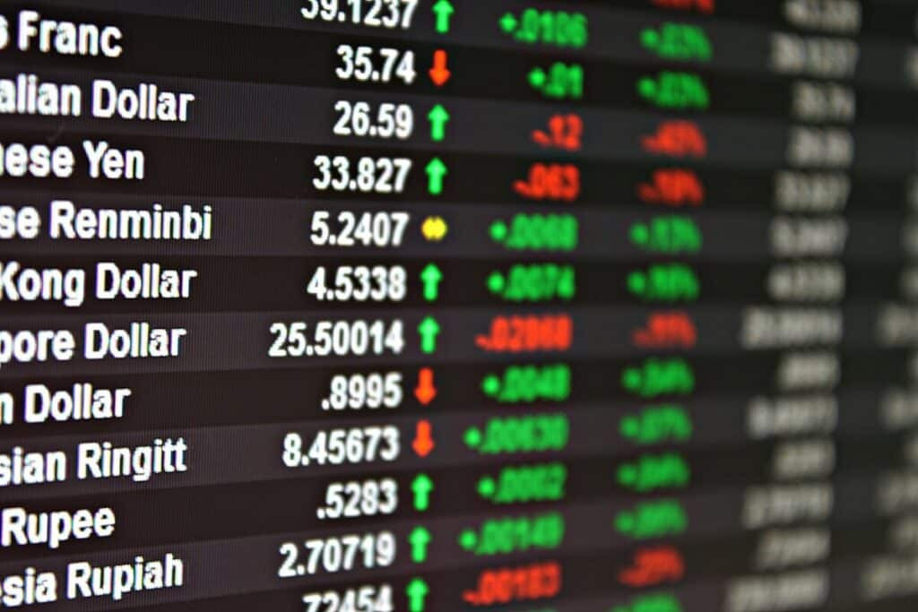 Close-up of a board displaying currency exchange rates