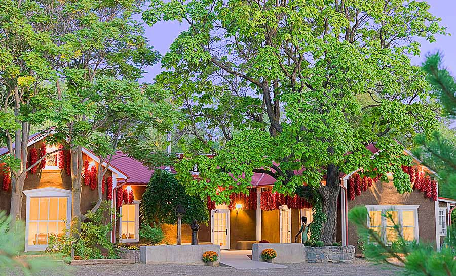 Exterior sunset at Rancho de Chimayo Restaurant