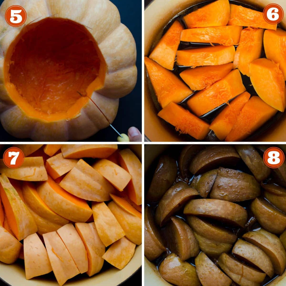 Cutting the pumpkin into wedges for candied pumpkin