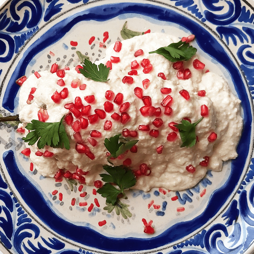 Chiles en Nogada, poblano pepper stuffed with meat, fruits, nuts and spices, covered with creamy walnut sauce and sprinkled with pomegranate seeds, representing the colors of the Mexican flag