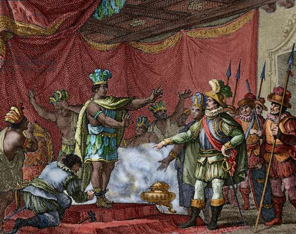 Cortes Took Prisoner Moctezuma II, engraving, 1807