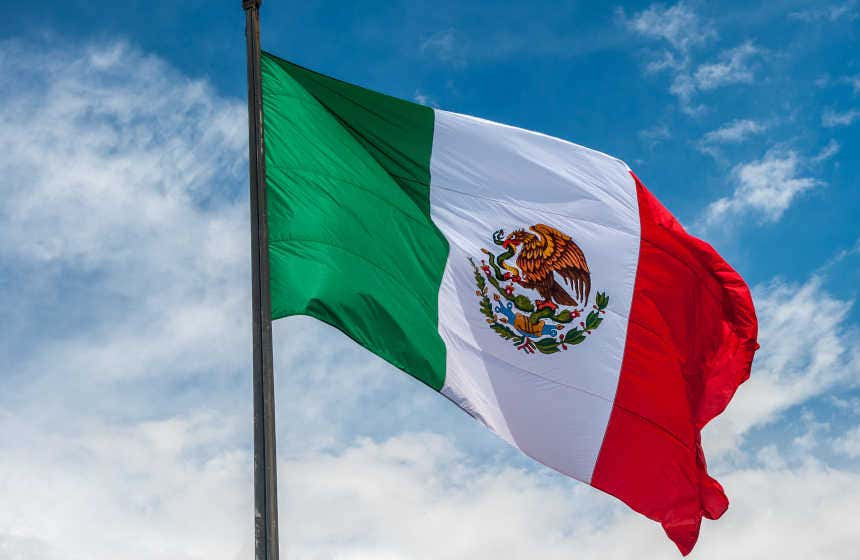 A close-up of the Mexican flag with a blue sky and some clouds behind it.