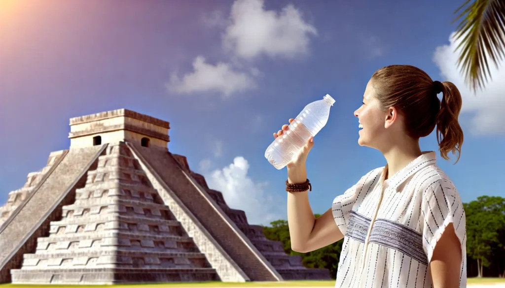 Young woman enjoying a cold drink at a bar in Cancun, featuring safe ice made from purified water.