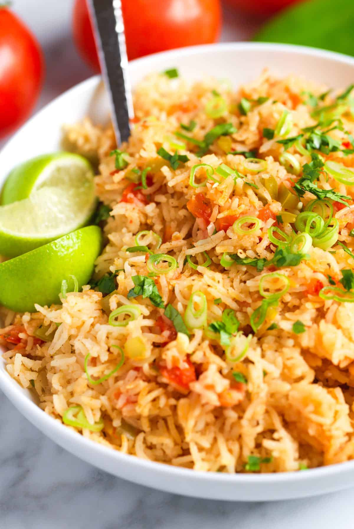 Bowl of vibrant and fluffy Mexican rice
