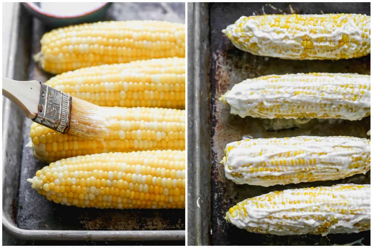 Elote being brushed with butter, and coated in a mixture of mayonnaise and crema.