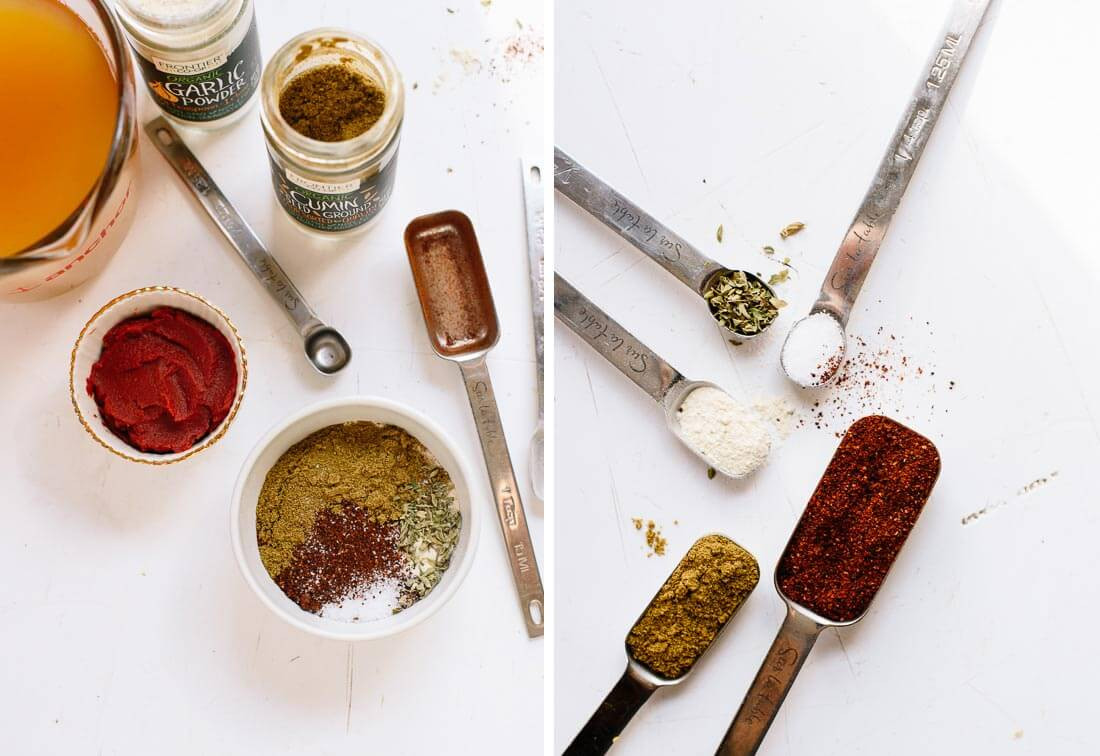 Ingredients for a vibrant Mexican red sauce, featuring tomatoes, chili peppers, onions, garlic, and spices