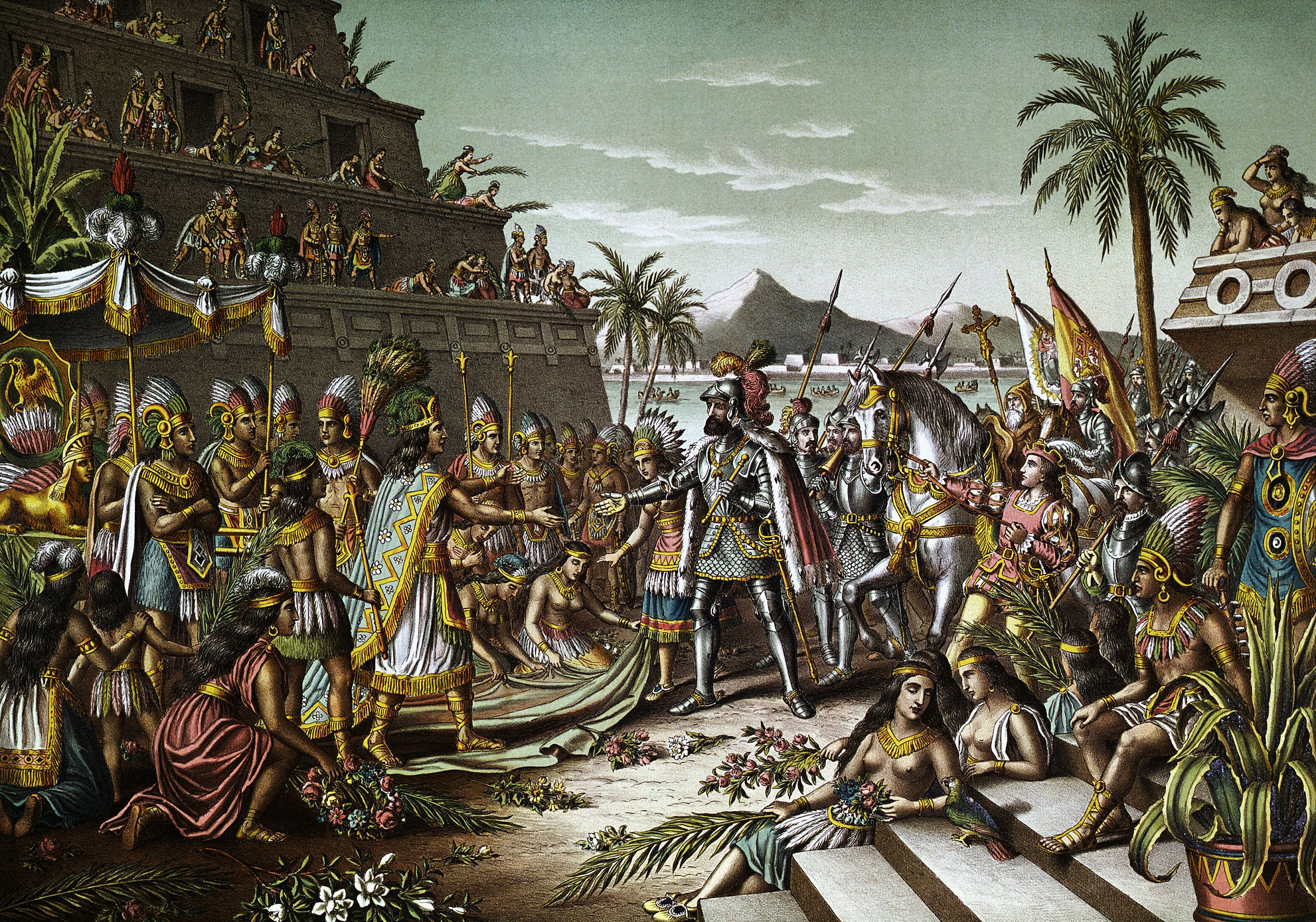 The First Meeting of Hernando Cortes and Montezuma on 8 November 1519, from Entrance of Cortez into Mexico lithograph,1892