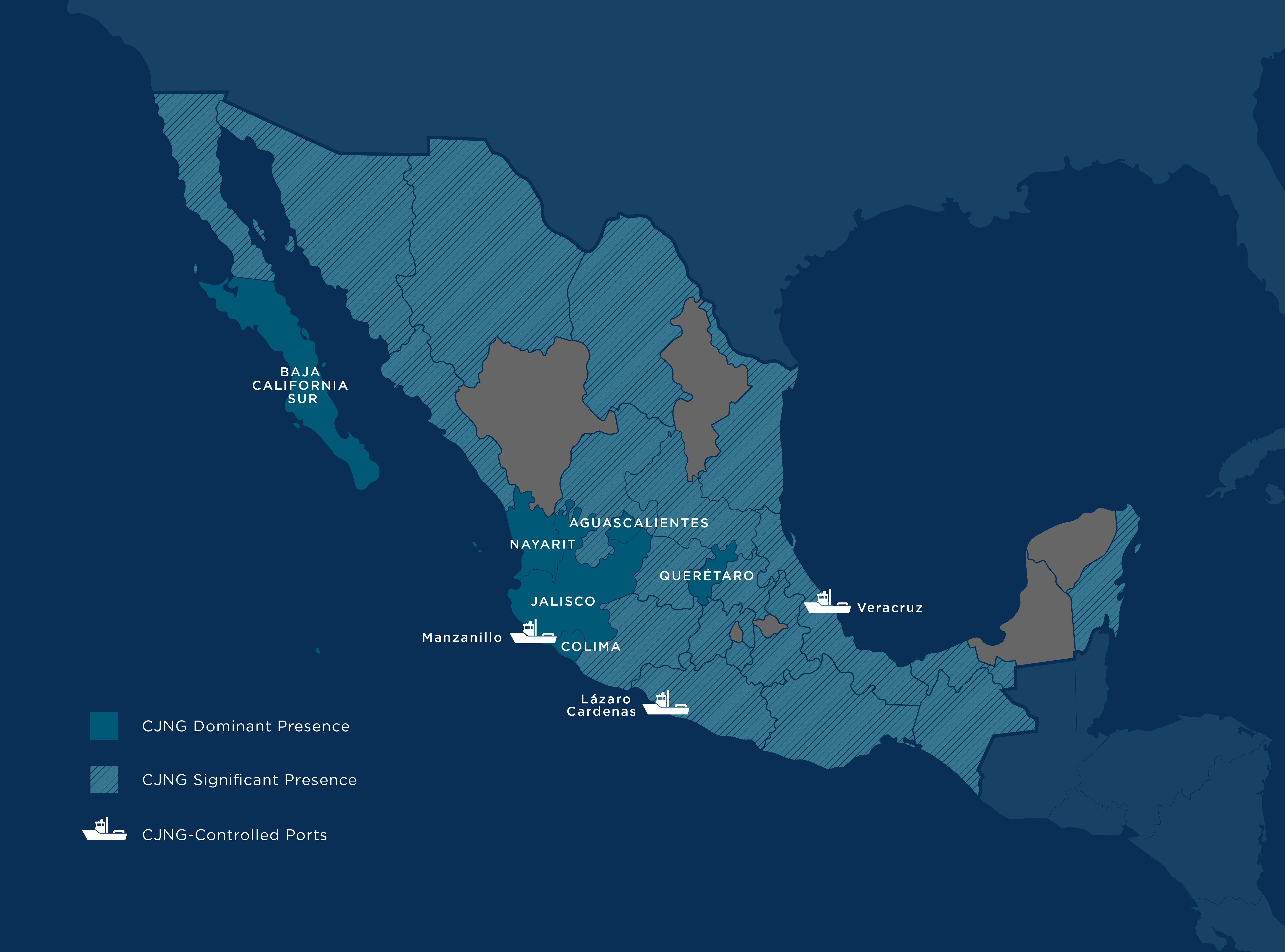 Map of Mexico showing regions with CJNG Cartel presence