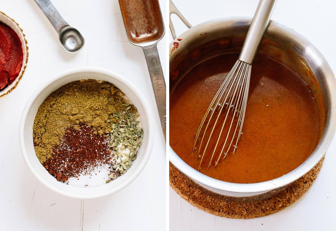 Homemade enchilada sauce simmering in a pot, showcasing its rich, vibrant color and texture