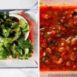 Close-up of vibrant salsa ingredients, including tomatoes, onions, cilantro, and chilies, arranged on a wooden cutting board, ready to be blended into a delicious homemade salsa
