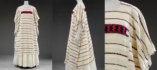 Huipil, unknown, 1875 – 1890, Oaxaca state, Mexico. Woven from white cotton thread, with alternating bands of plain and gauze weaving. Brocaded bands, worked with red and blue cotton, feature zigzags, chevrons and lozenges