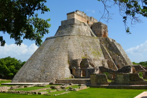 Panoramic view of the Pyramid of the Magician in Uxmal Mayan Ruins