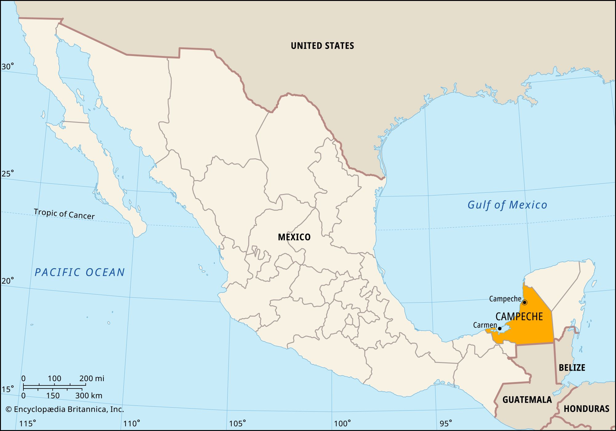 Map of Campeche, Mexico, showing its location on the Yucatan Peninsula.