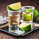 Close-up of a tequila bottle and glasses with a blurred background of a Mexican bar, showcasing the details of the tequila and its presentation.
