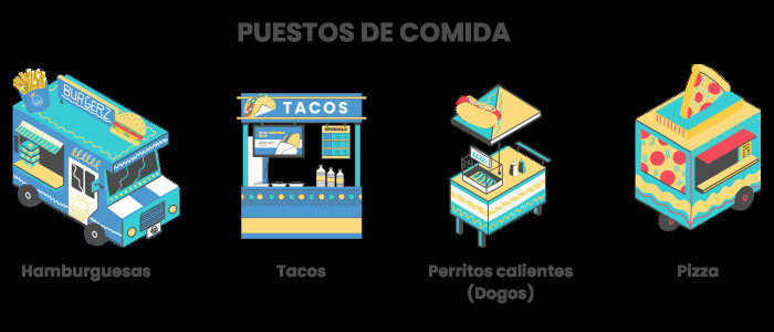 A bustling scene of various Mexican street food stalls selling hamburgers, tacos, hot dogs, and pizzas.