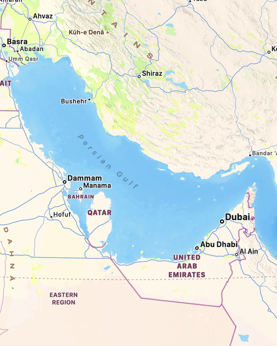 A map of the Persian Gulf region, showing major cities such as Dammam, Manama, Dubai, and Abu Dhabi, along with geographical features and borders of countries including Bahrain, Qatar, and the United Arab Emirates.