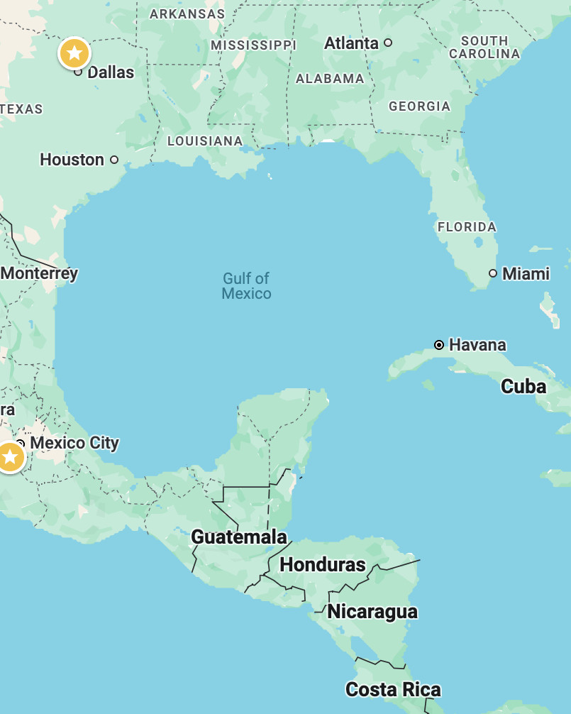 Map showing parts of Mexico, Central America, and the southern United States, highlighting Dallas and Mexico City with labeled locations including Houston, Monterrey, Guatemala, Honduras, Nicaragua, Costa Rica, Miami, Havana, and Cuba.