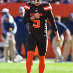 Zane Gonzalez of the Cleveland Browns celebrating a field goal, reflecting his Mexican heritage and success in the NFL.