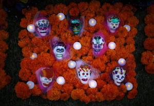 Miniature skulls are seen decorated on an altar during the 14th annual Dia de los Muertos festival at Hollywood Forever Ce...