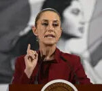 Mexican President Claudia Sheinbaum at a press conference emphasizing Mexico's opposition to the name change of the Gulf of Mexico.