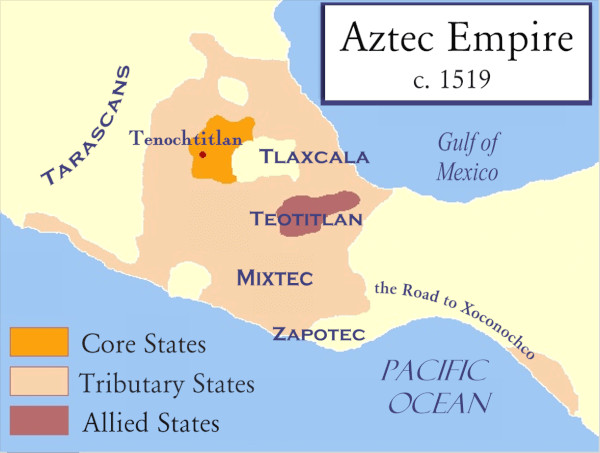 A map depicting the extent of the Aztec Empire around 1519, just before the Spanish conquest.