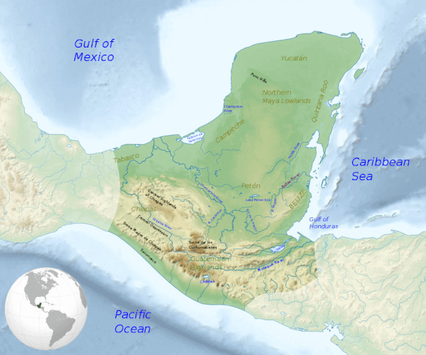 A map illustrating the geographical spread of the Mayan civilization in Central America.