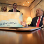 President Donald Trump, from right, speaks to reporters accompanied by Interior Secretary Doug Burgum and Burgum