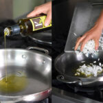Sauteing the aromatics for the cauliflower rice. Chopped onions and garlic simmered in olive oil.