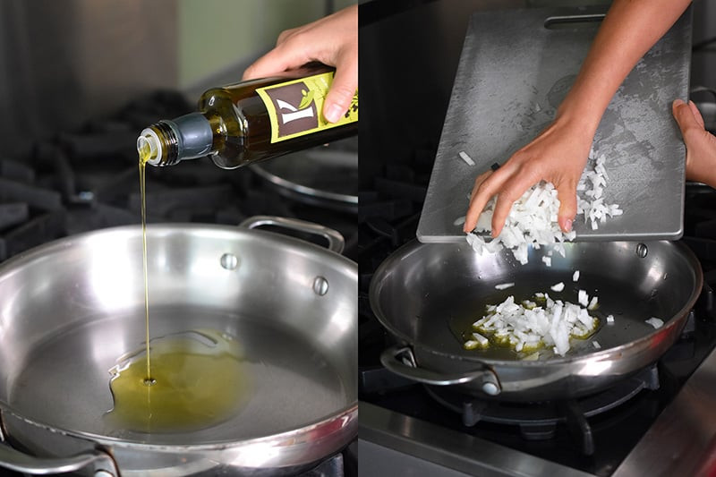 Sauteing the aromatics for the cauliflower rice. Chopped onions and garlic simmered in olive oil.