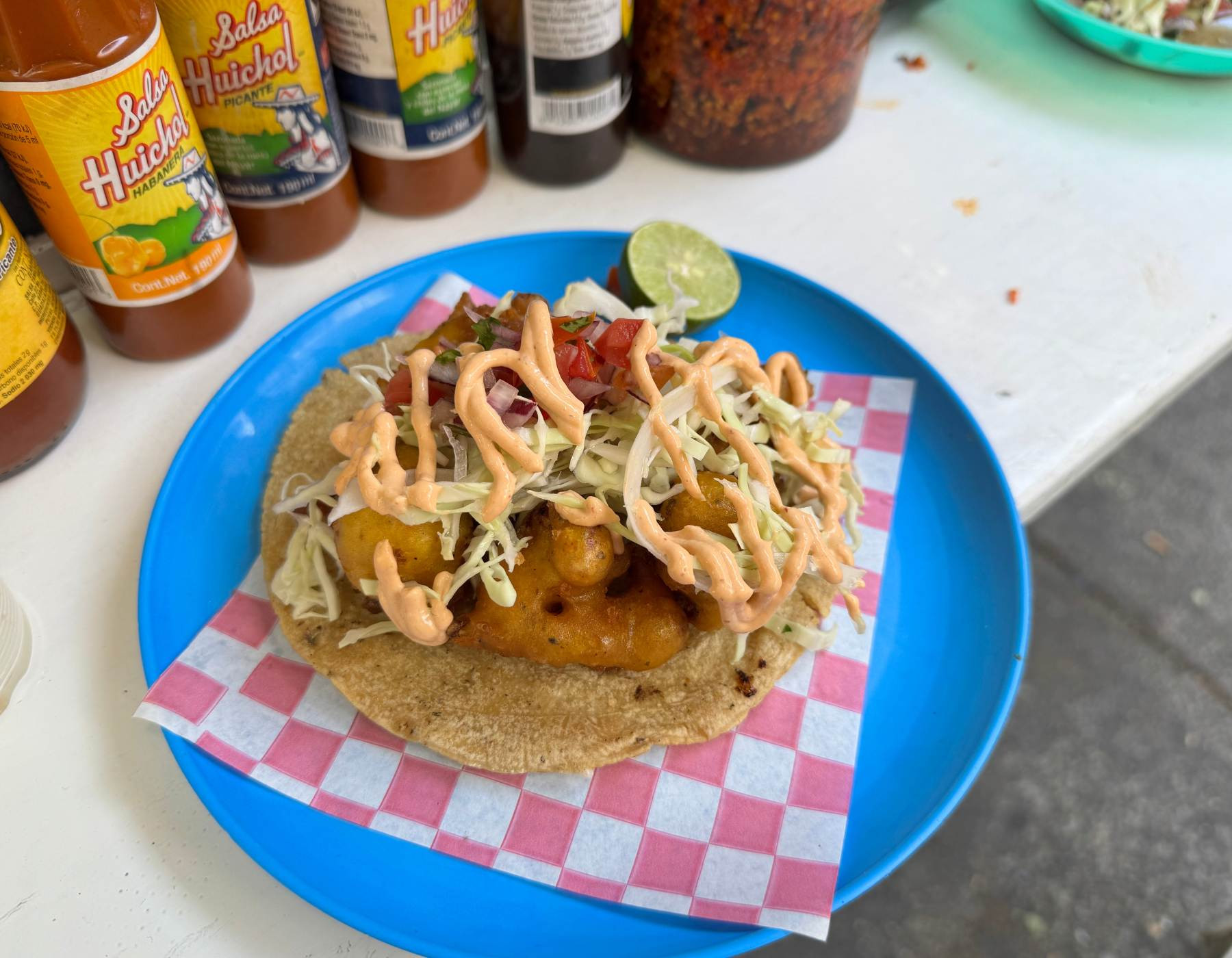 A vegan baja taco made from cauliflower at the vegan street food stall Paxil - some of the best vegan tacos in Mexico City