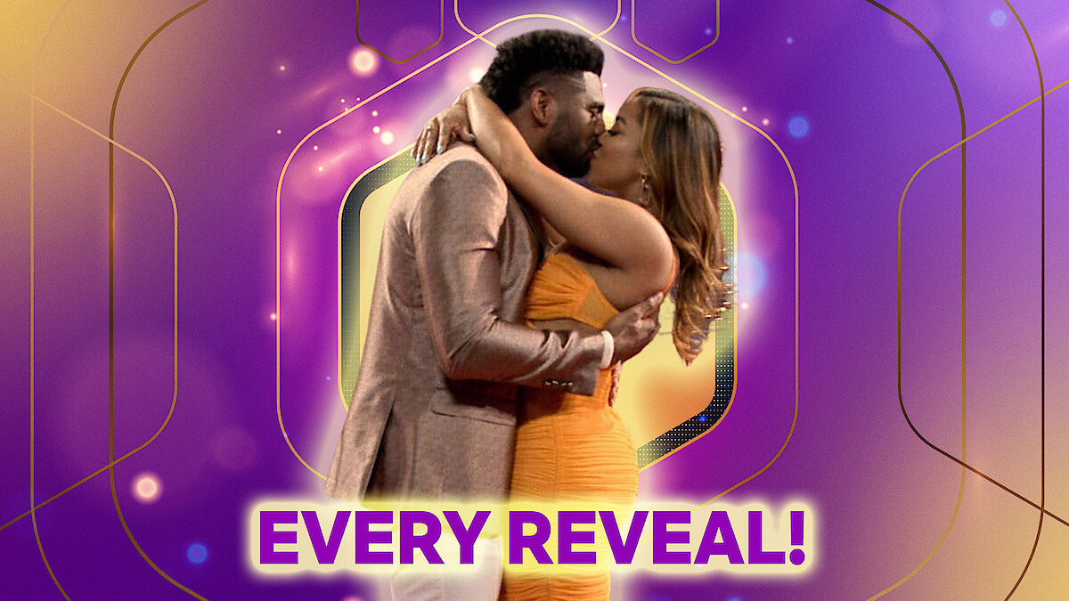 Brett and Tiffany embracing and kissing in front of a stylized purple background with the text 